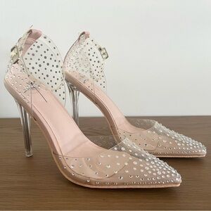 BISOU BISOU CLEAR RHINESTONE STUDDED HEELS SIZE 7